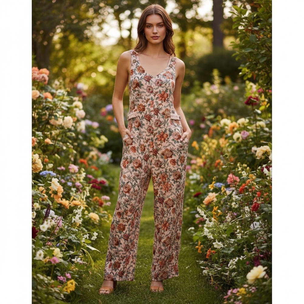 - April Cornell xxs Floral Sleeveless jumpsuit overalls  with Button Details